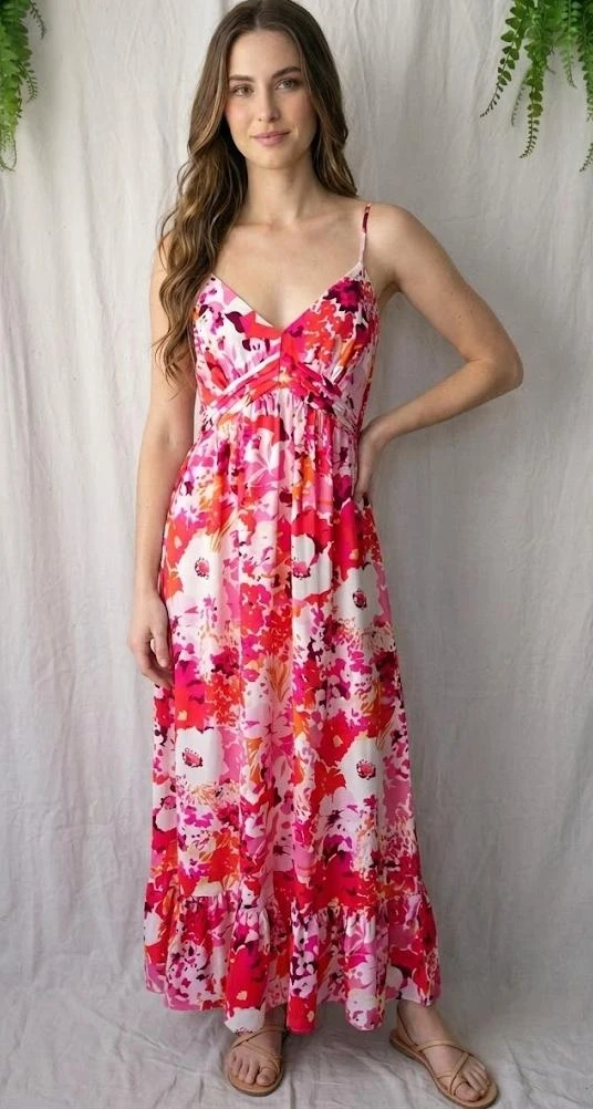 Vestido largo fluido con estampado floral y espalda fruncida "Belcci" – photo 5